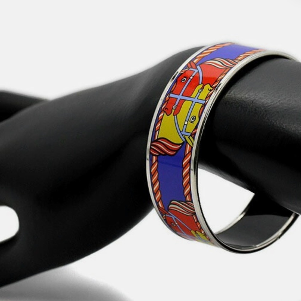 🔥SALE Hermes Enamel GM Bangle Horse Motif Bracelet Cloisonné Metal Multicolor - Picture 3 of 8